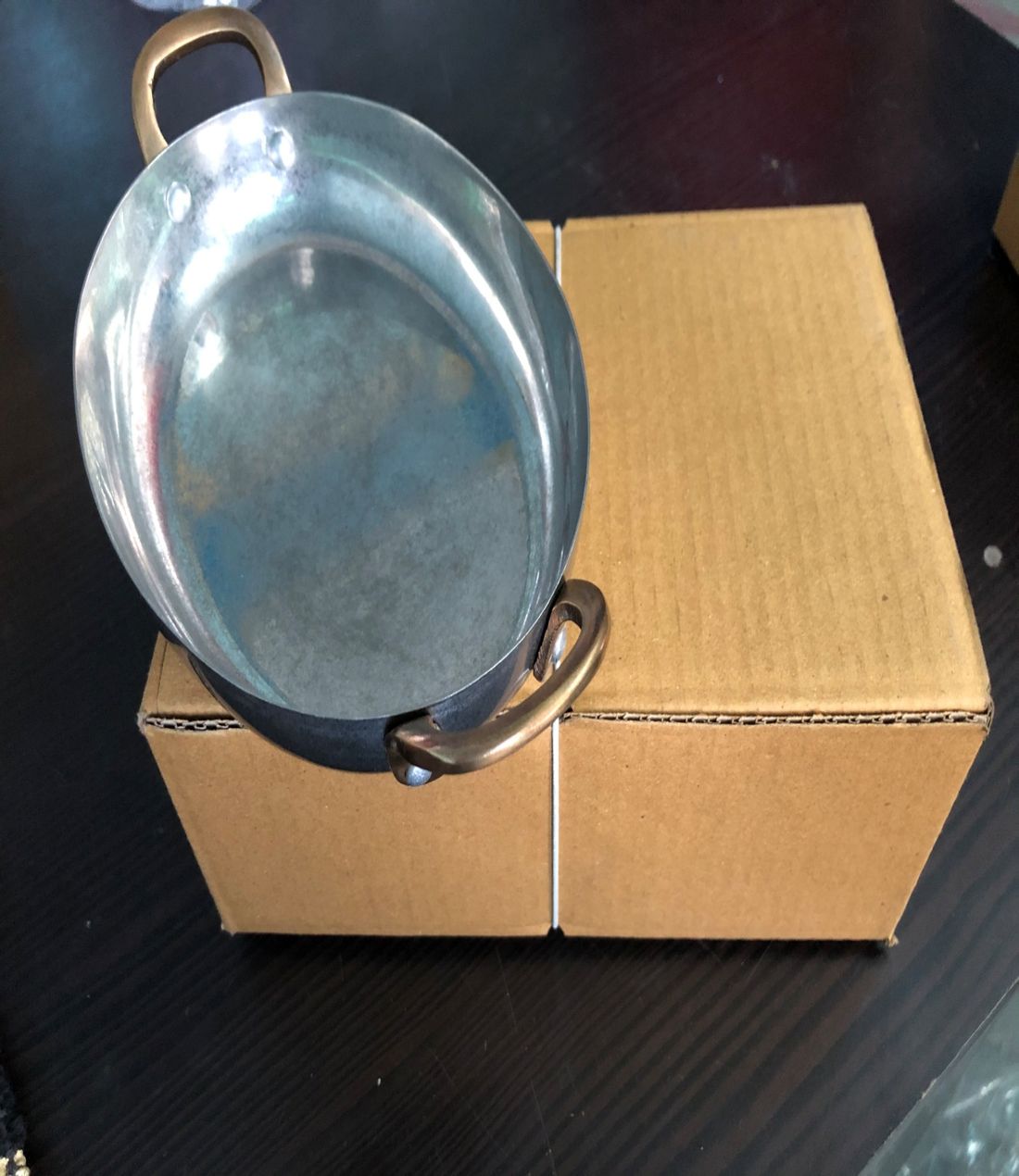 Hammered copper sauté pan, top view