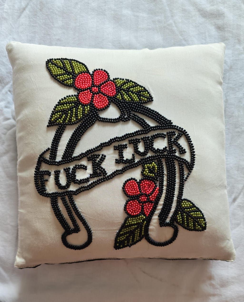 Beaded "Good Luck" decorative cushion