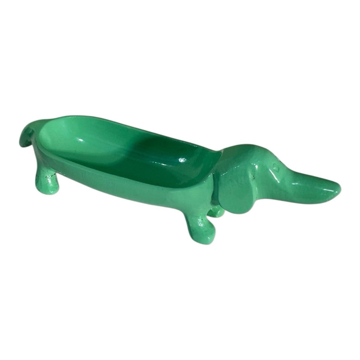 Green dachshund-shaped aluminum catchall dish