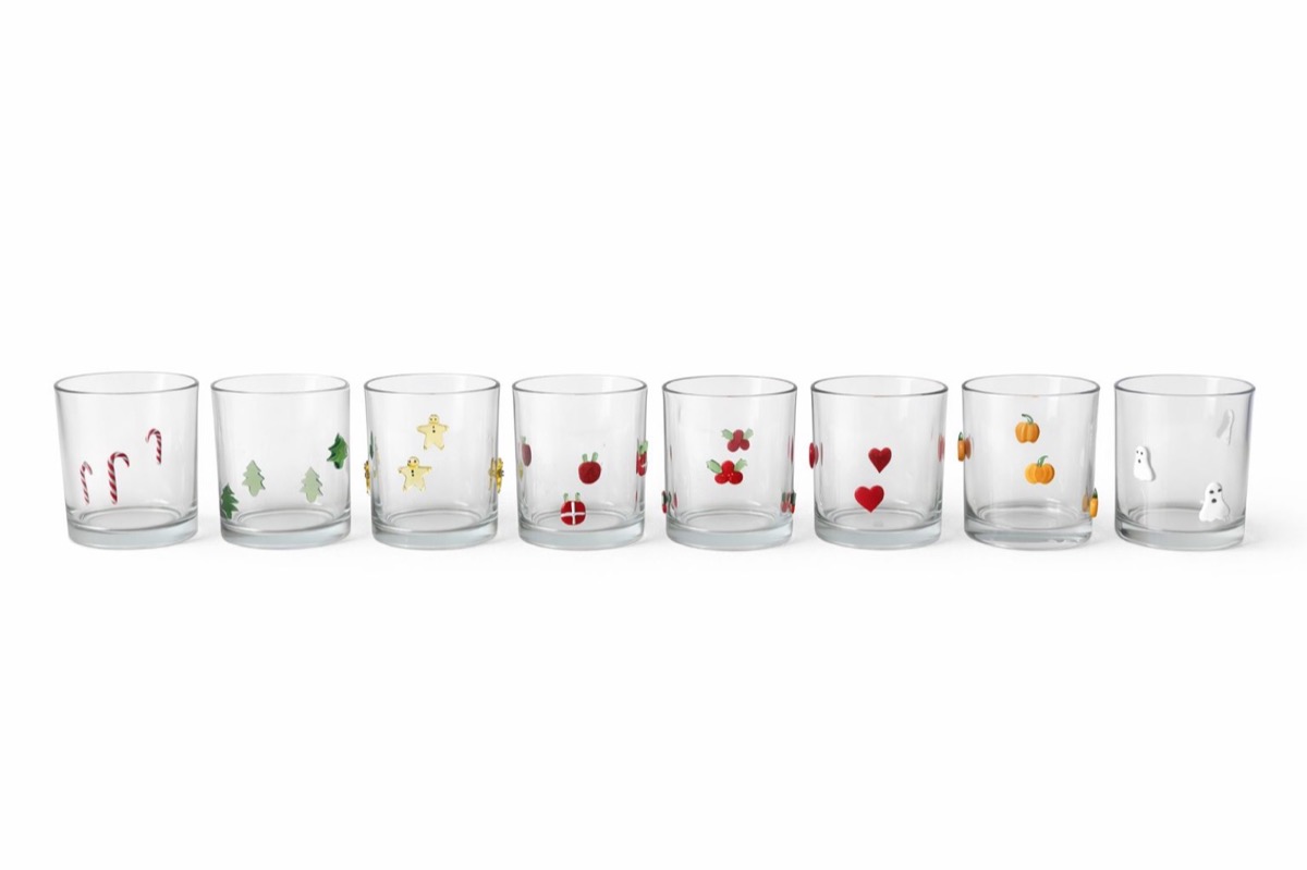 Line-up of Steel Icon glasses with seasonal motifs