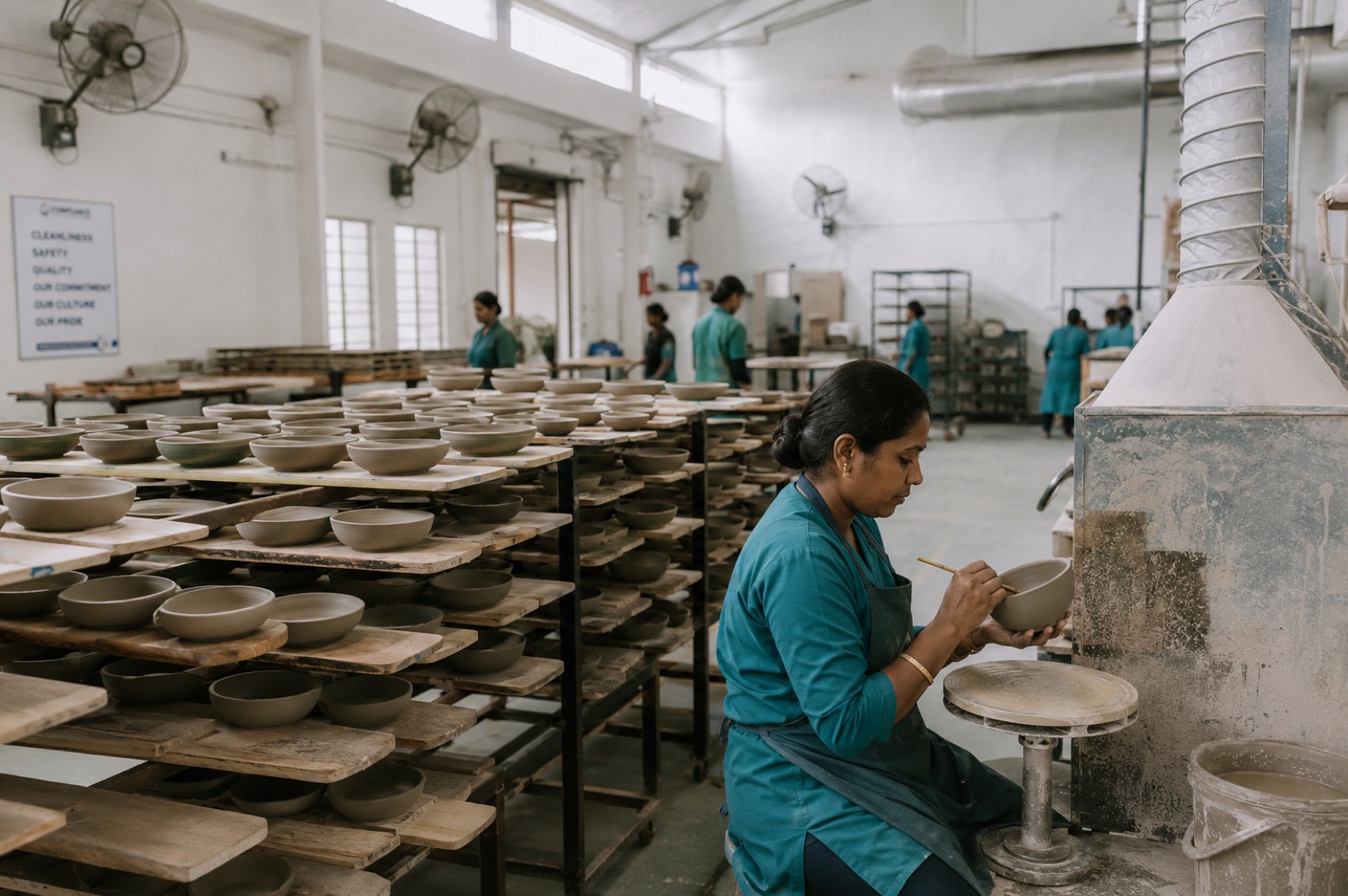 Ceramic artisan hand-finishing a bowl among drying racks at the Gemixx ceramics factory, Khurja