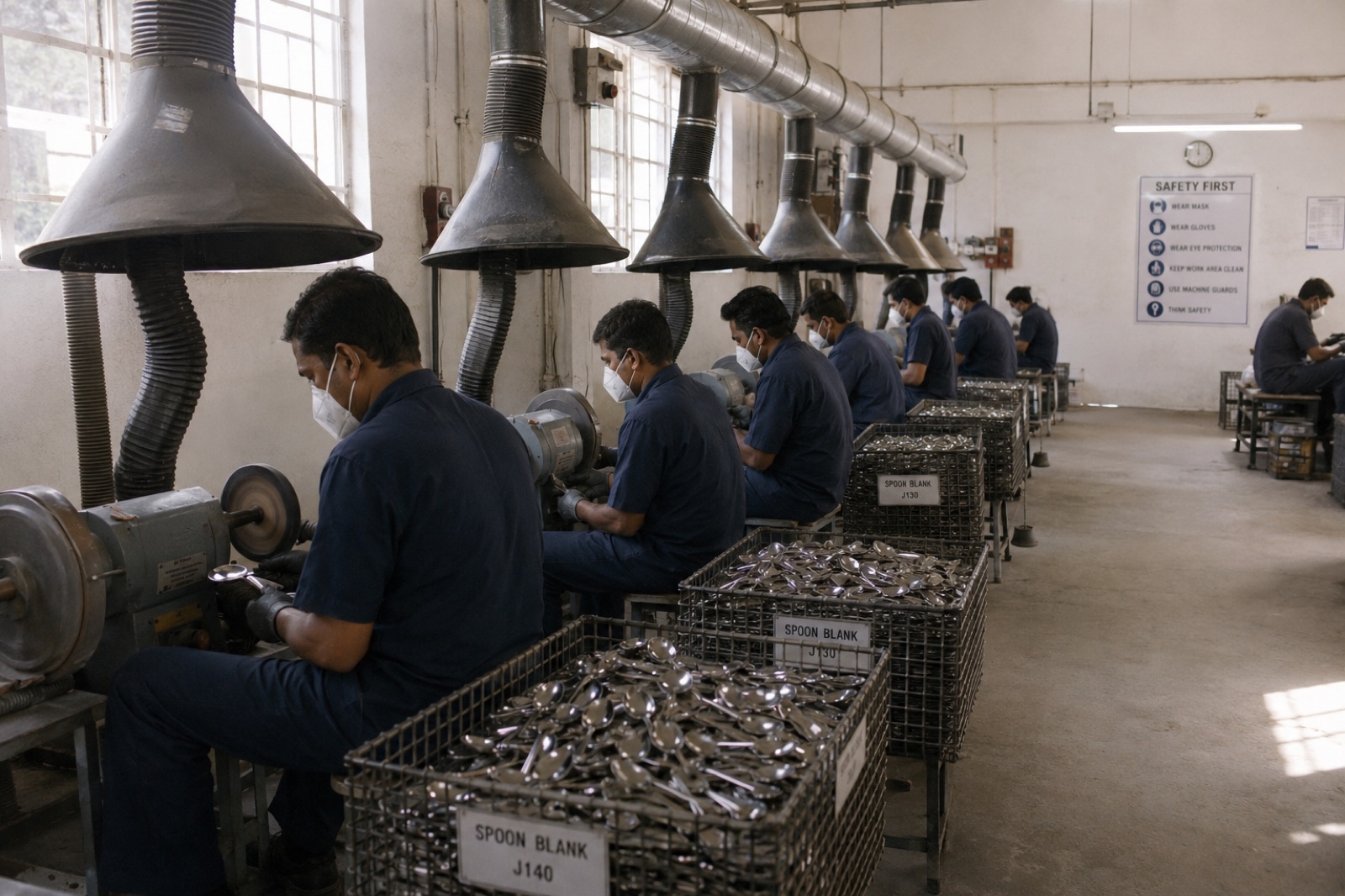 Artisans polishing flatware on the buffing line at the Gemixx Moradabad metalware factory