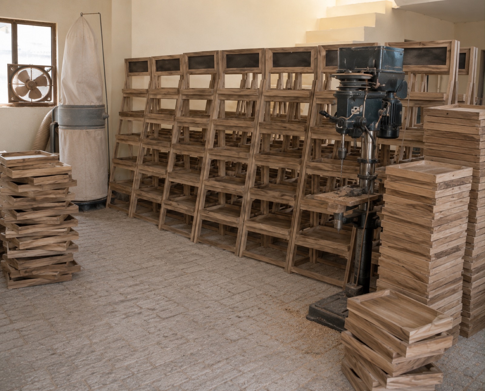 Wooden trays and furniture components stacked at the Gemixx woodware factory, Saharanpur